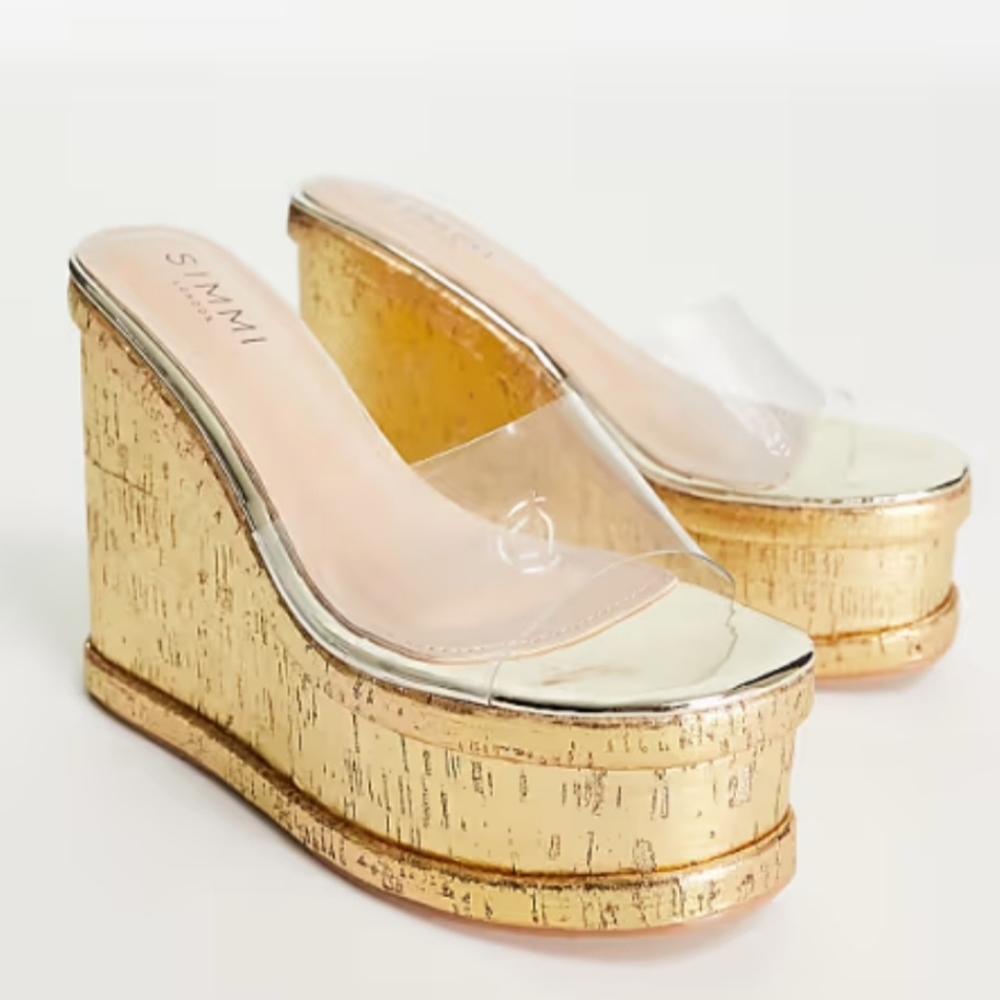 Simmi London Shanda Gold Cork Wedges Sz 7 Hot Sexy Platform Heels Clear Upper